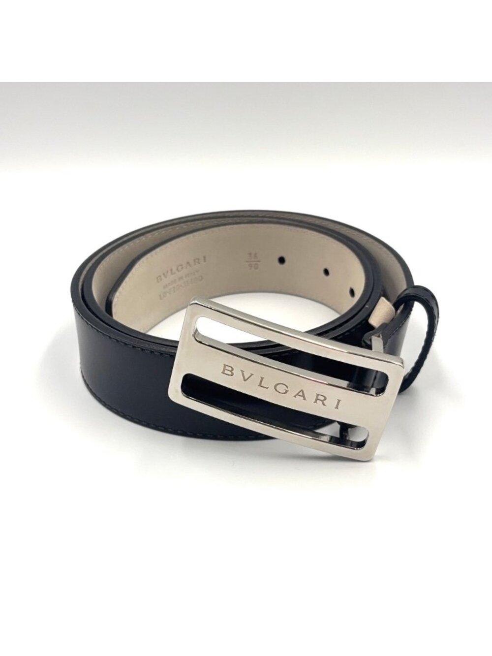 Bvlgari Square Buckle Rettangolo Leather Black Belt Silver LO